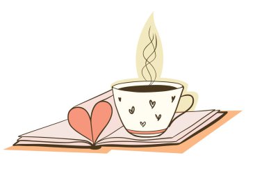 Sayfalardan yapılmış kalbi olan bir kitap üzerinde bir fincan çay - karikatür tarzı illüstrasyon