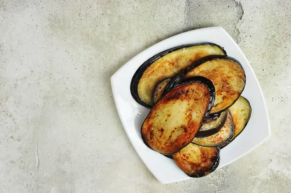 Fried Eggplant Plate Gray Background Top View Copy Space — Stock Photo, Image