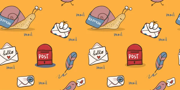 カタツムリのメール スタンプ付き封筒でシームレスな背景 漫画スタイルのイラスト — ストックベクタ