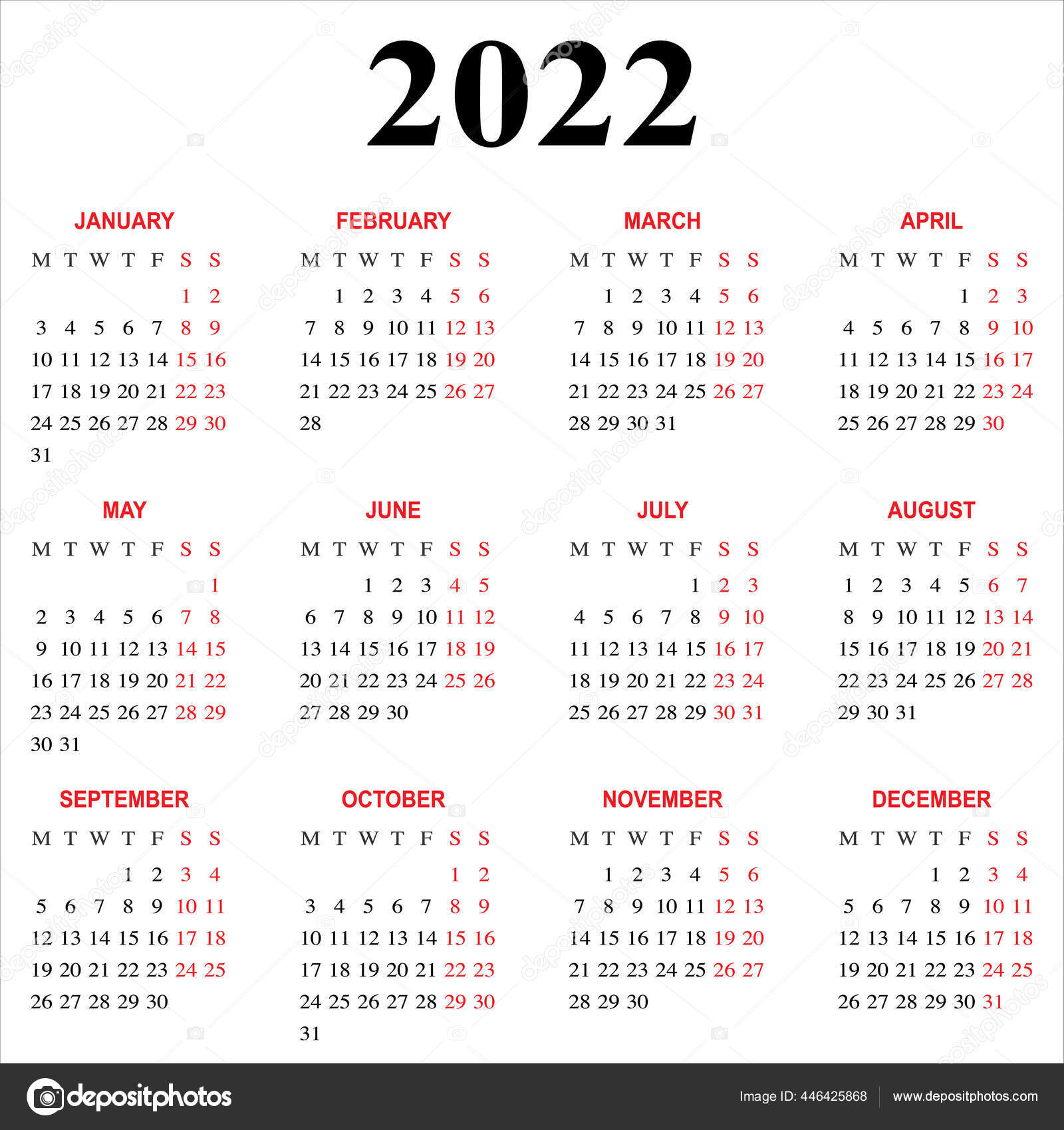English Calendar 2022 Calendar 2022 Week Starts Monday Basic Grid English Language Template Stock  Vector Image By ©Forden #446425868