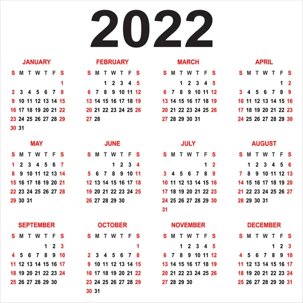 Calendario 2022 Semana Comienza Domingo Rejilla Básica Idioma Inglés Plantilla — Vector de stock