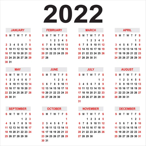 Calendario 2022 Semana Comienza Domingo Rejilla Básica Plantilla Para Calendario — Vector de stock
