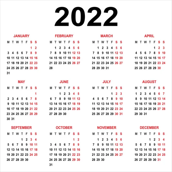 Takvim 2022 Hafta Pazartesi Başlıyor Temel Şebeke Ngilizce Yıllık Takvim — Stok Vektör