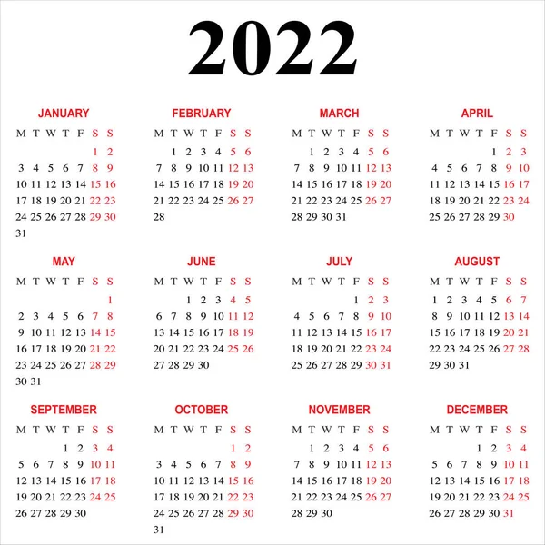 Calendario 2022 Semana Comienza Lunes Rejilla Básica Idioma Inglés Plantilla — Vector de stock