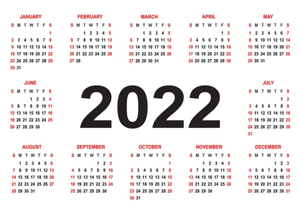 Calendario 2022 Semana Comienza Domingo Rejilla Básica Plantilla Para Calendario — Vector de stock