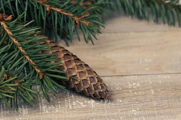 Weihnachten Hintergrund Mit Weihnachtsbäumen Und Zapfen Auf Holz Hintergrund — Stockfoto