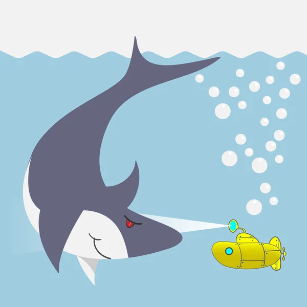 Cápa és a tengeralattjáró - vektor-illusztráció — Stock Vector
