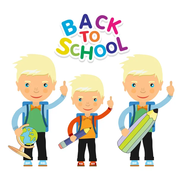 Retour à la conception scolaire. Illustration vectorielle trois enfants avec s — Image vectorielle