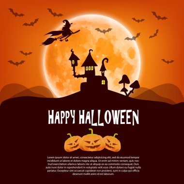 Mutlu Cadılar Bayramı kartı ile kabak, ay ve bir cadı bir süpürge üzerinde