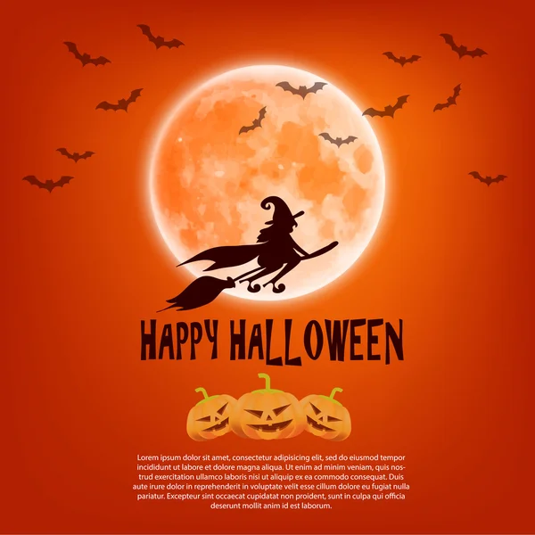 Happy Halloween karty z dyni, księżyc i wiedźma na miotle — Wektor stockowy