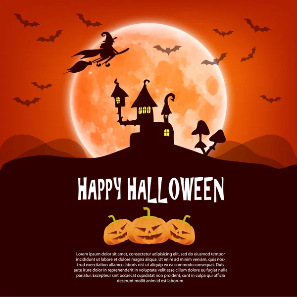 Happy Halloween karty z dyni, księżyc i wiedźma na miotle — Wektor stockowy