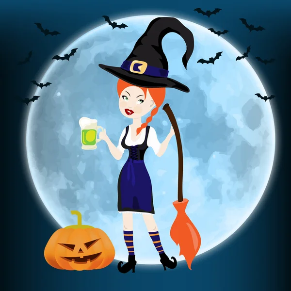 Happy Halloween card with witch with broom and pumpkin against t — Stock Vector