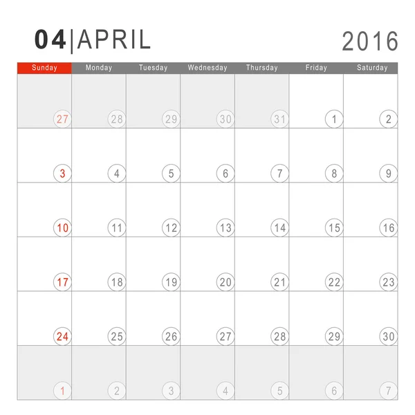 Calendario 2016. Plantilla de diseño plano vectorial. April. Semana comienza S — Vector de stock