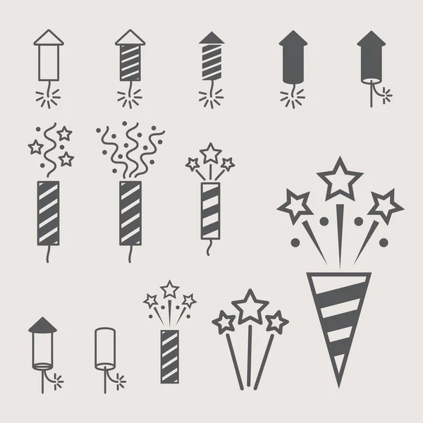 Juego de iconos pirotécnicos de fuegos artificiales. Ilustración vectorial — Vector de stock