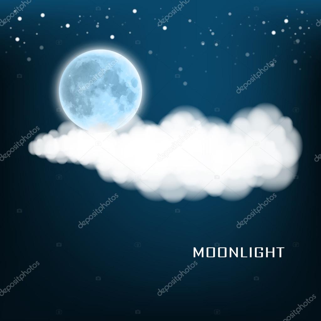 glowing blue moon on a dark blue background with stars and cloud