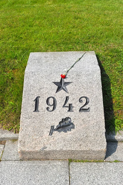 Memorial lápide de granito na sepultura comum no cemitério P — Fotografia de Stock