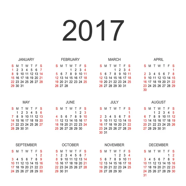 Simple 2017 calendario del año. Calendario círculo vectorial 2017. Semana st — Vector de stock