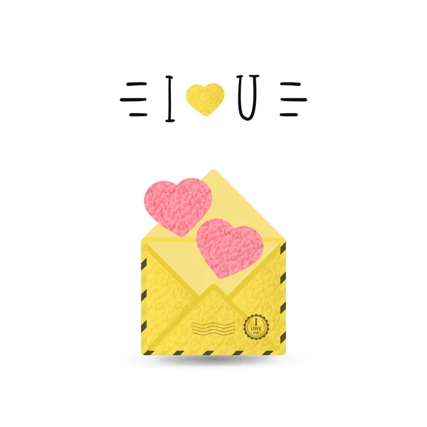 Leuke kaart met gouden envelop en opschrift ik hou van jou, liefde — Stockvector