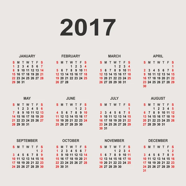 Simple 2017 calendario del año. Calendario círculo vectorial 2017. Semana st — Vector de stock