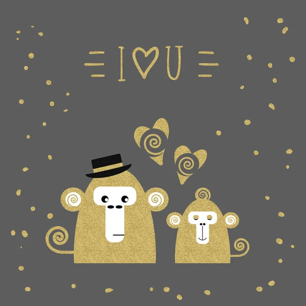 Cartão bonito com macacos, coleção de amor. Trendy tex brilho ouro — Vetor de Stock