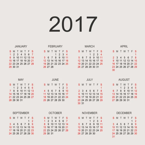 Simple 2017 calendario del año. Calendario círculo vectorial 2017. Semana st — Vector de stock