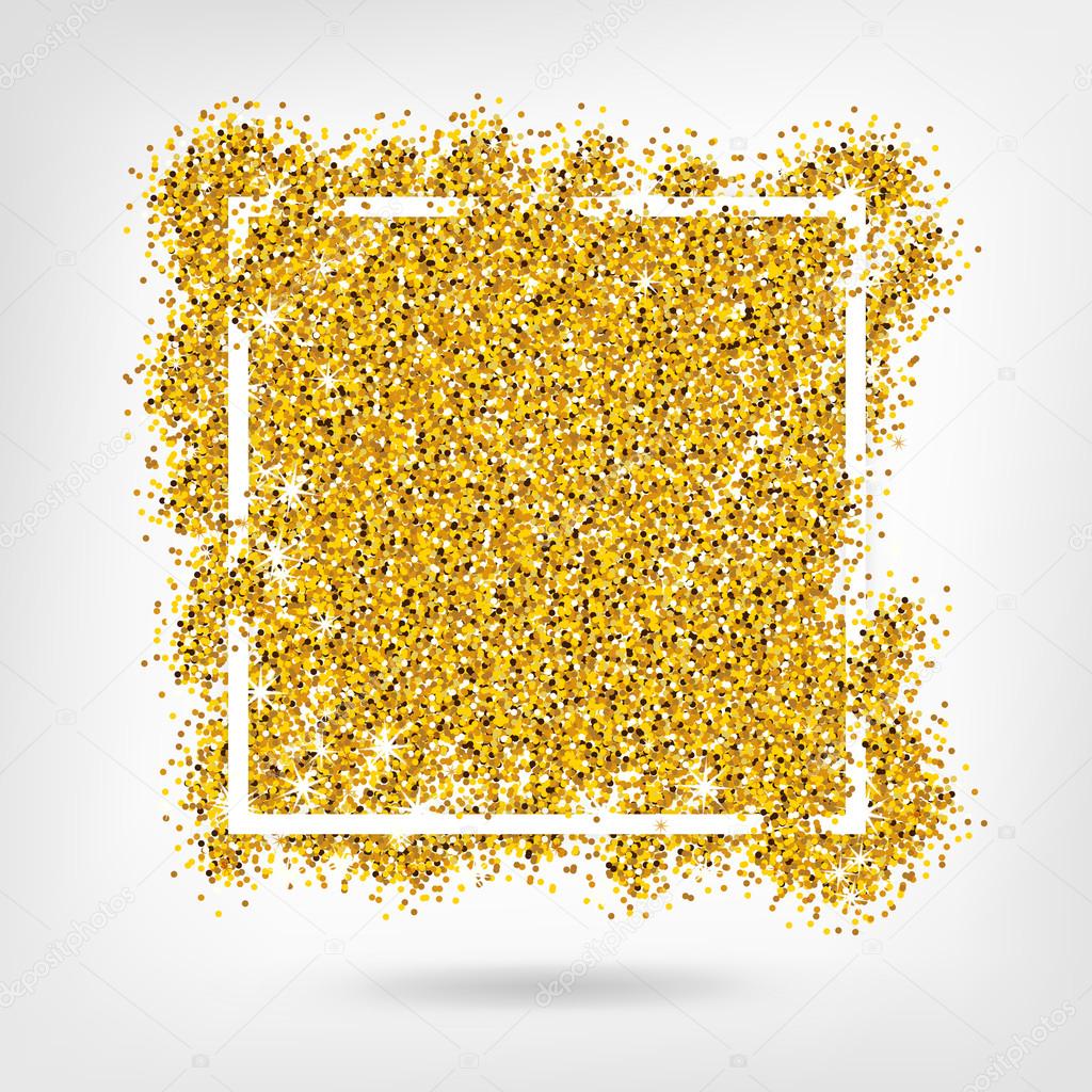 Gold sparkles on grey background in white frame. Gold glitter background. Gold background for banner, card, vip, exclusive, certificate, gift, luxury, privilege, voucher, store, present, shopping.