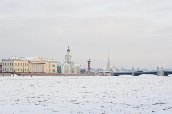 Winter view of the Kunstkamera, Rostral column and Palace bridge — Stock Photo, Image
