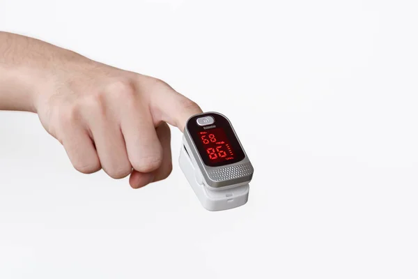 Focus Pulse Oximeter Index Finger Young Man Hand Isolated White — Stock Photo, Image