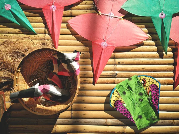 Bovenaanzicht Van Kleurrijke Thaise Traditionele Slang Ster Vormige Vliegers Met — Stockfoto