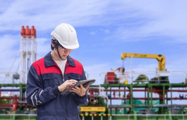 Genç Asyalı mühendis, tersane bölgesindeki petrol tankerinin bulanık geçmişiyle işini yapmak için dijital tablet kullanıyor.
