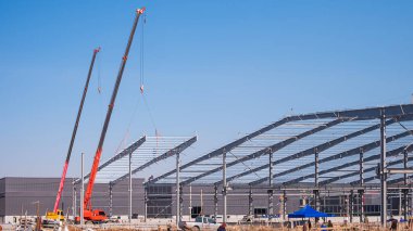 Mobil vinçler, mavi gökyüzü arka planına karşı inşa edilen modern bir fabrika deposunun inşası sırasında çelik çatı yapılarını kaldırıyor.