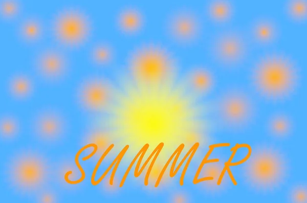 Lato Żółte Słońce Pomarańczowe Kształty Różnej Wielkości Niebieskim Tle Miejsce — Zdjęcie stockowe