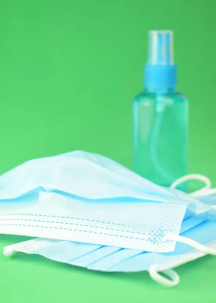 Hygienic Sanitary Measures Coronavirus Surgical Mask Hand Sanitizer Gel Green — Stock Photo, Image