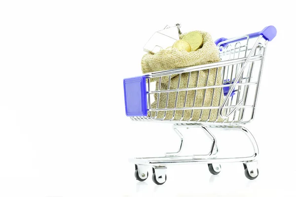 ショッピングカートでユーロコインで袋に入れる 経済的概念 白い背景とコピースペース — ストック写真
