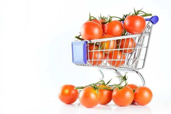 Fecha Tomates Ramos Pequenos Frescos Benéficos Dentro Fora Carrinho Compras — Fotografia de Stock