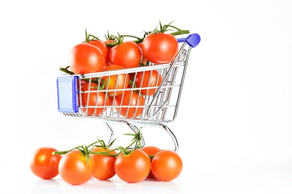 Close Fresh Beneficial Small Branch Tomatoes Shopping Cart White Background — Stock fotografie