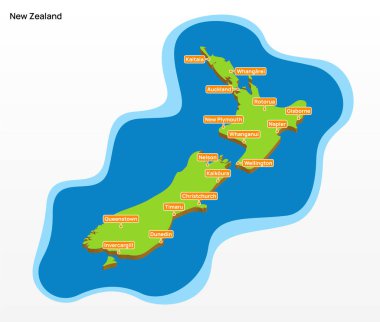 Yeni Zelanda ülke şeklinin renkli bir turistik haritasının 3d vektör çizimi 