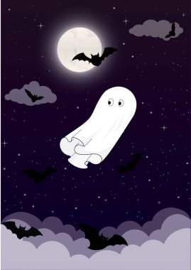 A cute cartoon ghost floats through a starry night sky under a full moon, surrounded by flying bats and dark clouds, capturing a spooky yet playful Halloween atmosphere.