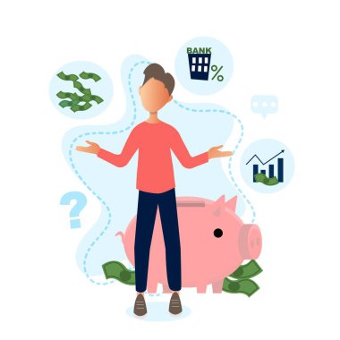 Finansal çaylak konsepti. Genç adamın nasıl akıllı para yatırımı yapılacağı konusunda net bir fikri yok. Çaylak vektör düz çizim konsepti, izole edilmiş.