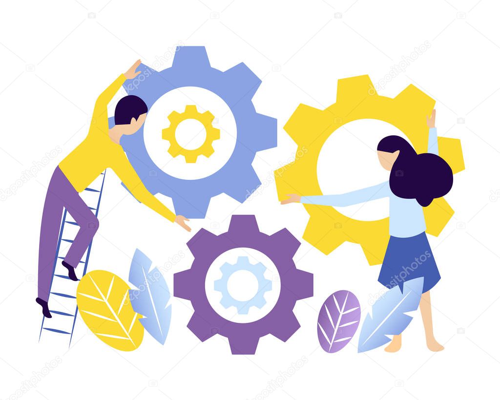Two persons turning gears. Team work, united community, search for ideas and solutions, business running, startup, studying, work vector cartoon concept.