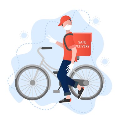  Güvenli teslimat vektör kavramı. Bisikletli gülümseyen Deliverman güvenli ve virüsü güvenli hale getiriyor. Güvenli yemek teslimatı. Virüs önleme konsepti. Çizgi film vektör çizimi. Coronavirus önleme.