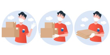 Güvenli dağıtım vektörü çizim çizim biçimi. Afiş tasarımı için güvenli teslimatı olan düz çizimler. Coronavirus koruması. Coronavirüs salgını. Müşteri hizmetleri. Bağlantı kurulamadı.