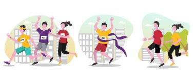 İnsanları karikatür çizimleri yaparak çalıştırmak. Maraton koşmak, maraton kazanmak. Adam ve kadın şehir parkında koşuyorlar. Kardiyo, eğitim, dokunulmazlık güçlendirme konsepti.