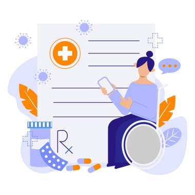 Çevrimiçi reçeteli vektör çizimi. Çevrimiçi reçete evde kalan insanlar için tıbbi bir amaç edinmek için rahat bir yoldur. Düz vektör çizgi film biçimi.