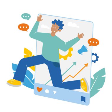 Başarılı sosyal medya etkileyicisi, blogcu. Başarılı blog yazarı konsepti için vektör düz çizim. Düz çizgi film biçimi.