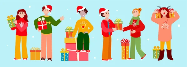 Grupo Jóvenes Felices Sosteniendo Cajas Regalo Navidad Sobre Fondo Blanco — Vector de stock