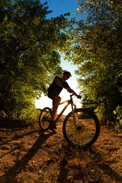 Homem ciclista com bicicleta no pôr do sol — Fotografia de Stock