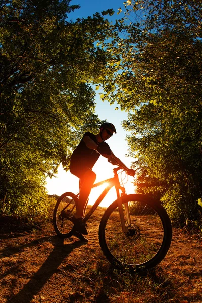 Homem ciclista com bicicleta no pôr do sol — Fotografia de Stock