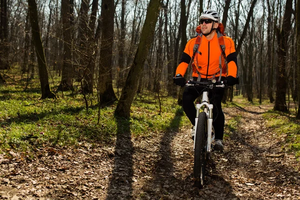 Springforest peyzaj üzerinde Bisiklete binmek Mountainbiker.
