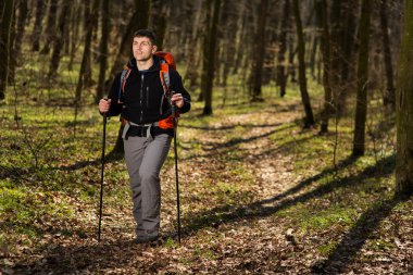 Erkek yürüyüşçü ormanda yürürken yan tarafa bakıyor.